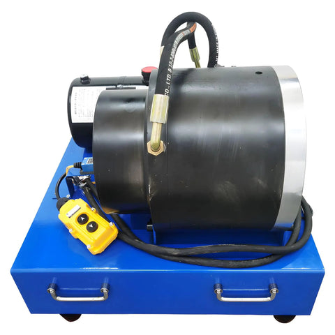 Heavy Duty Electric Hose Crimper With Ten Precision Dies For High Pressure Hydraulic Lines One Quarter To Two Inches 12 Volt 2200 Watt showing black cylinder with blue base and controls.