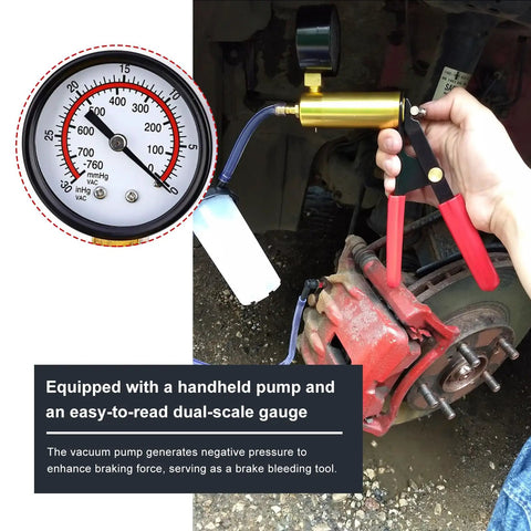 Pro Grade Two In One Brake Bleeder Kit With Handheld Vacuum Pump And Precision Pressure Gauge for efficient brake bleeding.