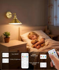 Gold Vintage Wireless Battery Operated Wall Sconces Set Of 2 With Remote Control Cordless LED Wall Lights above sleeping child