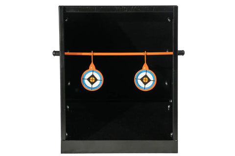 Air Strike Pellet Trap For 800fps Airguns With Interchangeable Silhouette Targets And Paper Target Compatibility Heavy Duty Steel Backdrop Catcher Black angled view with silhouette targets hanging