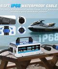 Heavy Duty 12V 30A LiFePO4 Battery Charger With 14.6V Output, IP67 Waterproof, shown with connectors and a jet ski