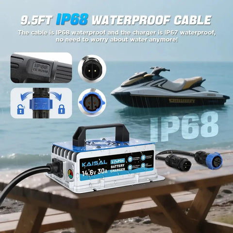 Heavy Duty 12V 30A LiFePO4 Battery Charger With 14.6V Output, IP67 Waterproof, shown with connectors and a jet ski