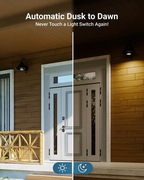 Snap Up These Top Shelf Par30 Led Bulbs Featuring Smart Dusk To Dawn Photocell Sensor For Hassle Free Yard Lighting, 11 Watt Flood Light Two Pack Non Dimmable, featuring automatic dusk to dawn lighting on a porch entrance.