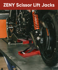 Motorcycle Lift Center Scissor Jack Beast 1100 Lb Capacity with Saddle and Pin Steel Hoist Stand holding a motorcycle for maintenance.