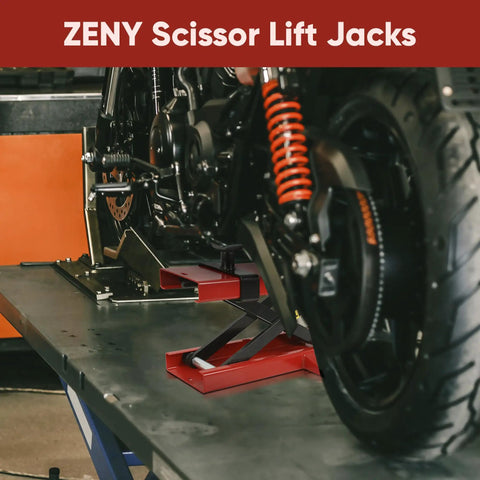 Motorcycle Lift Center Scissor Jack Beast 1100 Lb Capacity with Saddle and Pin Steel Hoist Stand holding a motorcycle for maintenance.