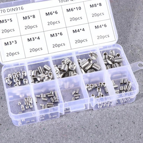 Heavy Duty Stainless Steel Set Screws Pack Pro Grade M8 Hex Socket Cup Point Headless Grub Screws For Locating Gears Pulleys On Shafts Fatigue Resistant Metric Threaded Fasteners Kit Good Enough To Hold Up Under Pressure Like A Boss, assorted M3-M8 set screws in organizer