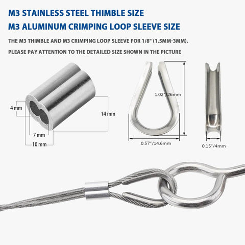 24 Piece Outdoor Wire Clamp Tool Kit With Eight M2 Two Way Wire Rope Clips Eight M3 Stainless Steel Thimbles And Eight M3 Aluminum Crimping Loop Sleeves For One Sixteenth Inch Wire Rope Rigging Tent Rope Guard Rails, showing M3 thimble and crimping sleeve dimensions.