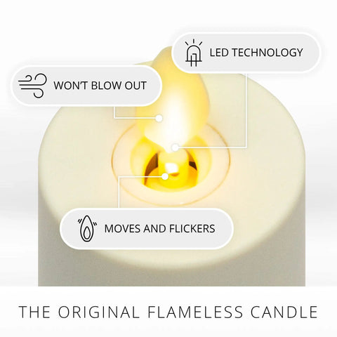 Close-up of moving flame on Outdoor Flameless LED Votive Candle Set of 2, Ivory 1.5 x 4 Inches, LED technology, flicker detail.