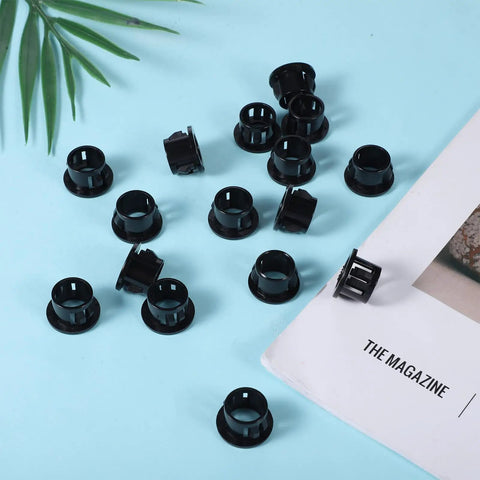 Pack Of 50 Tough Plastic Grommets For Wiring One Half Inch Holes Black Snap Bushing With One Half Inch Mounting Diameter For Cables Up To Three Eighths Inch And Smaller, Cable Protection And Easy Snap Fit, black ABS plastic grommets on blue surface
