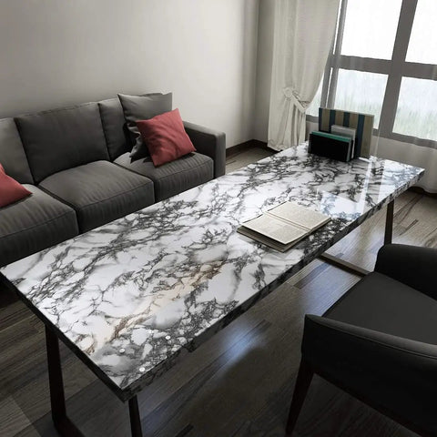 Living room table covered with Grey Marble Contact Paper For Countertops Peel And Stick Waterproof Self Adhesive Marble Wallpaper.