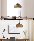 Modern Walnut Wood Dome Pendant Light Matte Black Metal With Warm Gold Interior adjustable fixture above dining and office spaces.
