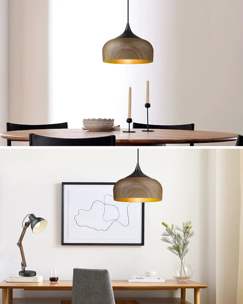 Modern Walnut Wood Dome Pendant Light Matte Black Metal With Warm Gold Interior adjustable fixture above dining and office spaces.