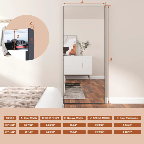 Badass Quality Mirrored Sliding Barn Door Featuring Slick Steel Construction And No Fuss Soft Close Track designed for easy home makeovers, dimensions displayed.