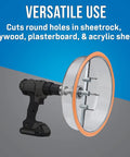 AHC 10 Pro Round Hole Saw Cutter With Dust Shield And Case attached to drill for plywood, sheetrock, plasterboard, acrylic