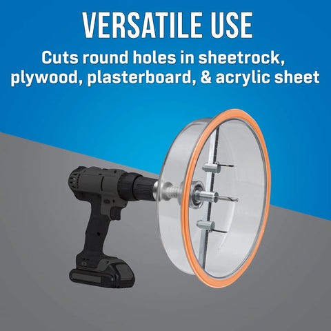 AHC 10 Pro Round Hole Saw Cutter With Dust Shield And Case attached to drill for plywood, sheetrock, plasterboard, acrylic