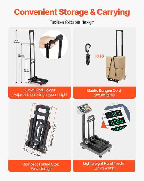 Foldable Hand Truck For Quick Moves 110 Lb Load Capacity Collapsible Luggage Cart With 2 Wheels And Elastic Rope Handy Dolly