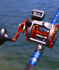 Line Counter Trolling Reel With Conventional Level Wind For Saltwater Fishing Beeffy? Heavy Duty Thunder LS II 3000R close-up on rod