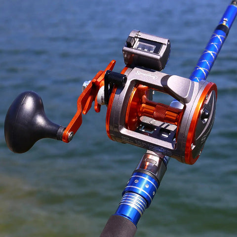 Line Counter Trolling Reel With Conventional Level Wind For Saltwater Fishing Beeffy? Heavy Duty Thunder LS II 3000R close-up on rod