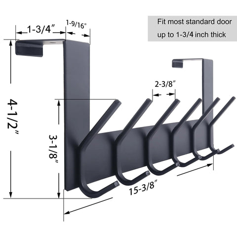 Over The Door Hooks Towel Rack With 6 Hooks For Hanging Clothes And Towels Black Door Coat Rack Fits Most Doors showing dimensions
