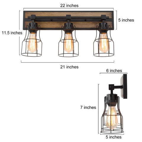 Two Light Farmhouse Vanity Light With Vintage Black Metal Cage And Rustic Wood Finish, E26 Base, Perfect For Bathroom, Kitchen, Hallway Or Bedroom, Open Cage Design For That Dope Industrial Cozy Vibe