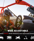 Rugged UTV Speaker Mount For JBL Charge 5 6 and Flip 5 6 on roll bar, rider in helmet driving off-road vehicle, sunset view.