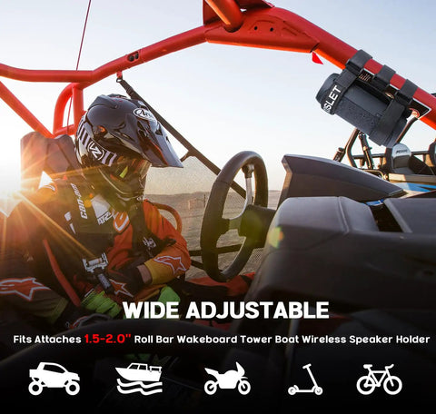 Rugged UTV Speaker Mount For JBL Charge 5 6 and Flip 5 6 on roll bar, rider in helmet driving off-road vehicle, sunset view.