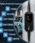 Skysword II Level 1 EV Charger Portable Home EVSE With 110V 16A 25ft Cord in garage with safety features displayed