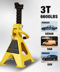 Car jack stand, yellow, 3-ton capacity, double locking, large foot base, front view.