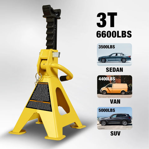 Car jack stand, yellow, 3-ton capacity, double locking, large foot base, front view.