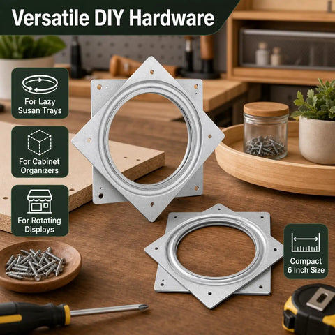 6 Inch Lazy Susan Hardware Kit 8 Pack, Heavy Duty Silver Turntable Bearing in a DIY workspace with tools and screws displayed
