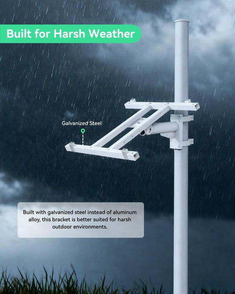 Heavy Duty Pole Mount Bracket For Solar Panels 50W To 150W With Adjustable Tilt attached to pole in rainy weather