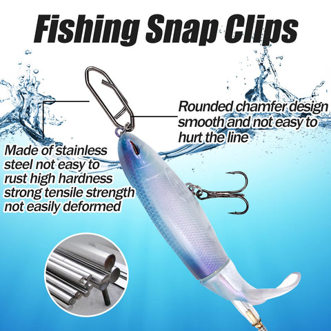 Speed Clips Fishing Tackle Kit 120 Piece With Three Sizes S M L And Storage Box Quick Change Connectors For Saltwater Freshwater Lures Stainless Steel Corrosion Resistant, showing a durable stainless steel connector attached to a lure with text highlighting its quality.