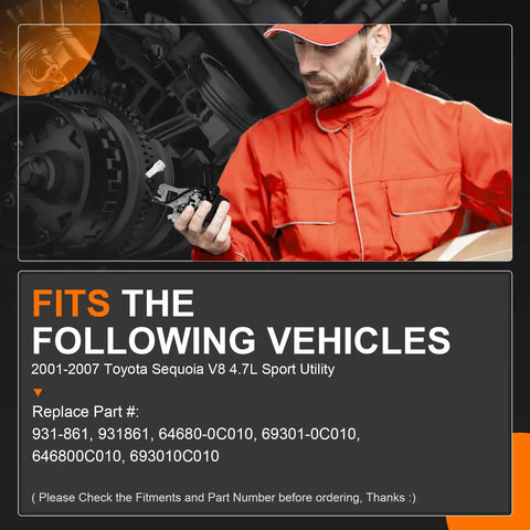 Mechanic holding liftgate lock actuator for Toyota Sequoia 2001 2007 with specifications for V8 4.7L models
