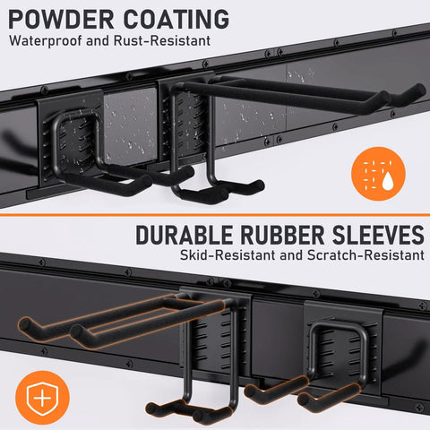Powder-coated wall mount with durable hooks from Heavy Duty Garden Tool Organizer Wall Mount For Garage With 3 Racks And 6 Adjustable Hooks