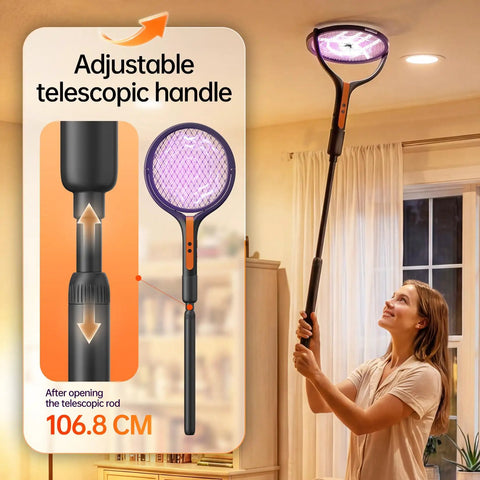 Woman using Three In One Rechargeable Electric Fly Swatter With 4200V Bug Zapper, Telescopic Extension indoors for mosquito control.