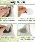 Step-by-step guide showing how to use Straight Up Fix For Tattered Soles, 8 Piece White Microfiber Shoe Repair Patches.