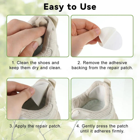 Step-by-step guide showing how to use Straight Up Fix For Tattered Soles, 8 Piece White Microfiber Shoe Repair Patches.