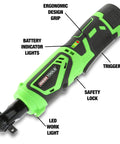 Compact 12V Li-ion Cordless Power Ratchet Wrench With Three Eighth Inch Drive, 35 Foot Pound Torque, ergonomic grip and LED light