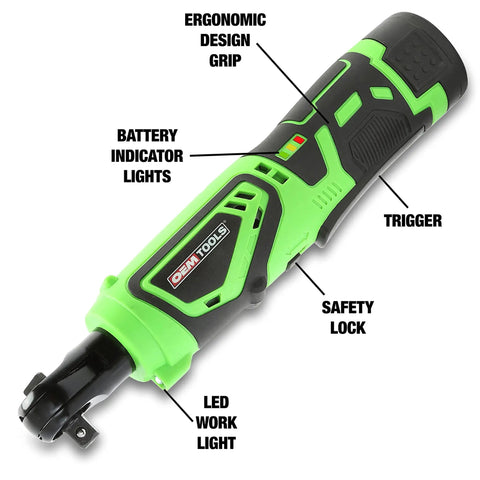 Compact 12V Li-ion Cordless Power Ratchet Wrench With Three Eighth Inch Drive, 35 Foot Pound Torque, ergonomic grip and LED light