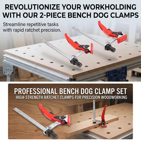 Two red ratchet clamps on a workbench, showing One Hand Ratchet Bench Dog Clamp For Woodworking, Five Eighths Inch Grab And Go Hold Down Clamp.
