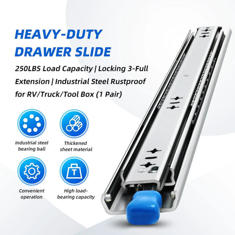 Locking heavy duty drawer slides for cabinets, side mount full extension, 250 lb capacity, showing steel ball bearing, blue lock