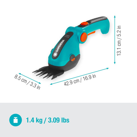 Cordless Battery Grass And Shrub Shears For Effortless Yard Edges And Small Bushes, No Fuss Trimming, turquoise design with measurements.