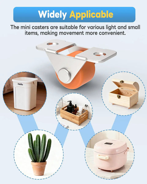 Mini Low Profile Rubber Caster Wheels 0.5 Inch, Self Adhesive And Screw Mounted Fixed Casters For Furniture And Appliances, No Sweat Setup Delivers A Slick Smooth Glide, Smart Mobility Hack For Desk Organizers And Storage Bins, Orange 16 Pack image showing caster on a holder for versatile use in various items.