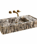 Calacatta Viola Marble Fluted Sink, Hand-Carved Rectangular Bathroom Vanity Basin with gold faucet and unique veining details.