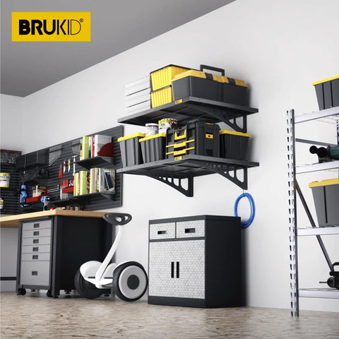 Two Pack 2x3ft Adjustable Metal Garage Wall Shelves Heavy Duty Wall Mounted Storage Racks Black Perforated Steel Panels With Sliding Rail Design for organizing