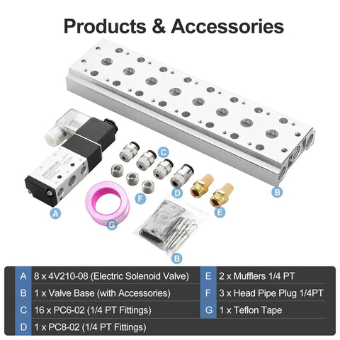 Eight Station 24V DC Pro Grade Solenoid Valve Manifold With Five Way Two Position Pneumatic Air Valve Eight Solenoids Quarter Inch Port Includes Manifold Base And Mufflers Model 4V21008 with accessories