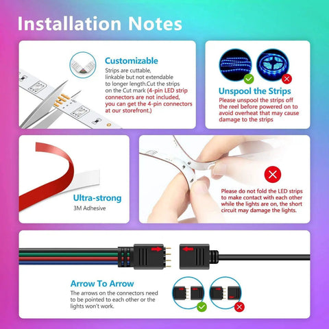 Installation instructions for Lit 100 Ft Music Sync LED Strip Lights with App Control and Remote, highlighting 3M tape and connections.