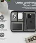 Pebble Black Vegan Leather Valet Tray For Nightstand, 9.5 By 7.9 Inch Medium Catchall Organizer displaying phone, accessories