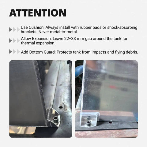 Attention notice with installation tips for 19 Gallon Aluminum Fuel Cell With Level Sender For Street Drift Cars, including gap size and guards.