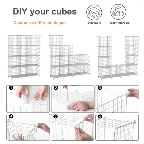 Heavy Duty 12 Cube Storage Organizer Metal Wire Shelf For Closet And Office, Stackable shapes showcased in assembly steps.